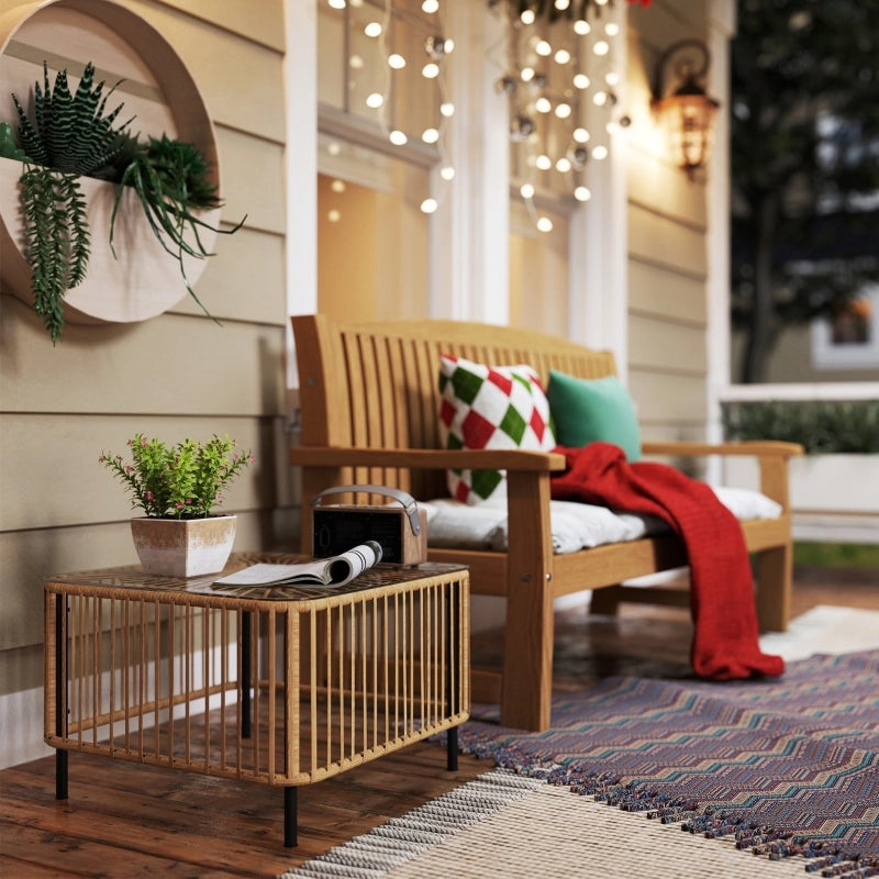 Tavolo da giardino in polietano; 65 x 65 x 43 cm; tavolino laterale impermeabile; tavolino quadrato da patio con piano da caffè in vetro; tavolo da balcone; mobili da giardino per giardino; terrazza; balcone in legno naturale