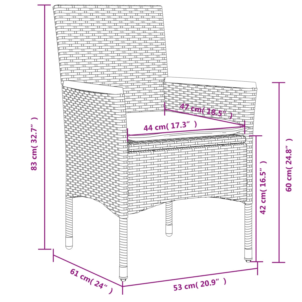 Set da Pranzo da Giardino 3 pz con Cuscini Polyrattan e Vetro 3278657