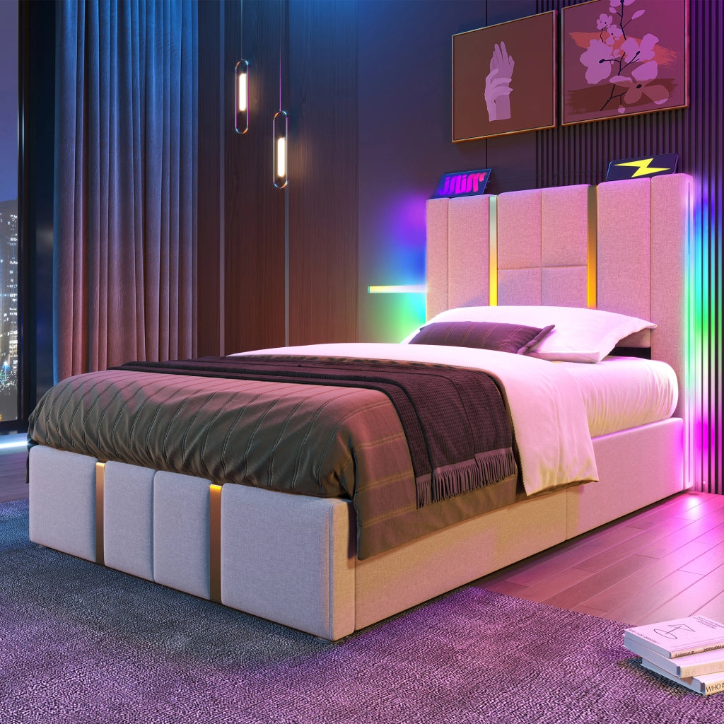 Letto singolo LED – 90x200 cm – USBC APP contenitore – lino beige