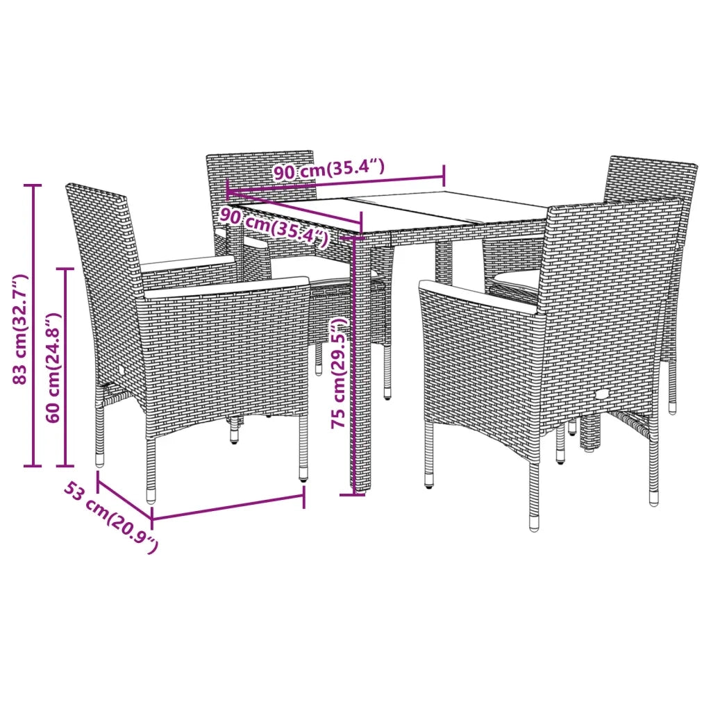 Set da Pranzo da Giardino con Cuscini 5 pz Polyrattan e Vetro 3278646