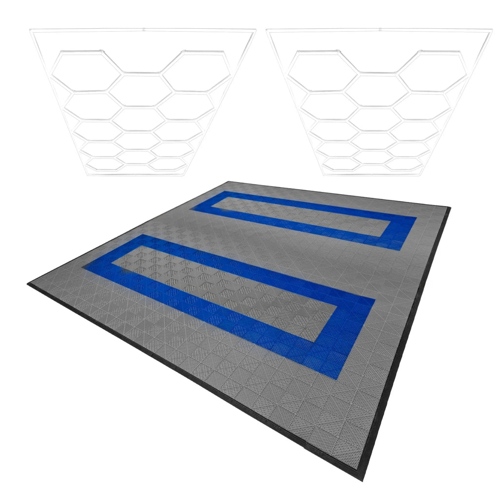 Luci LED Esagonali x 2 e Piastrelle Ventilate per Pavimento Garage con Bordi - 165 Grigie & 60 Blu