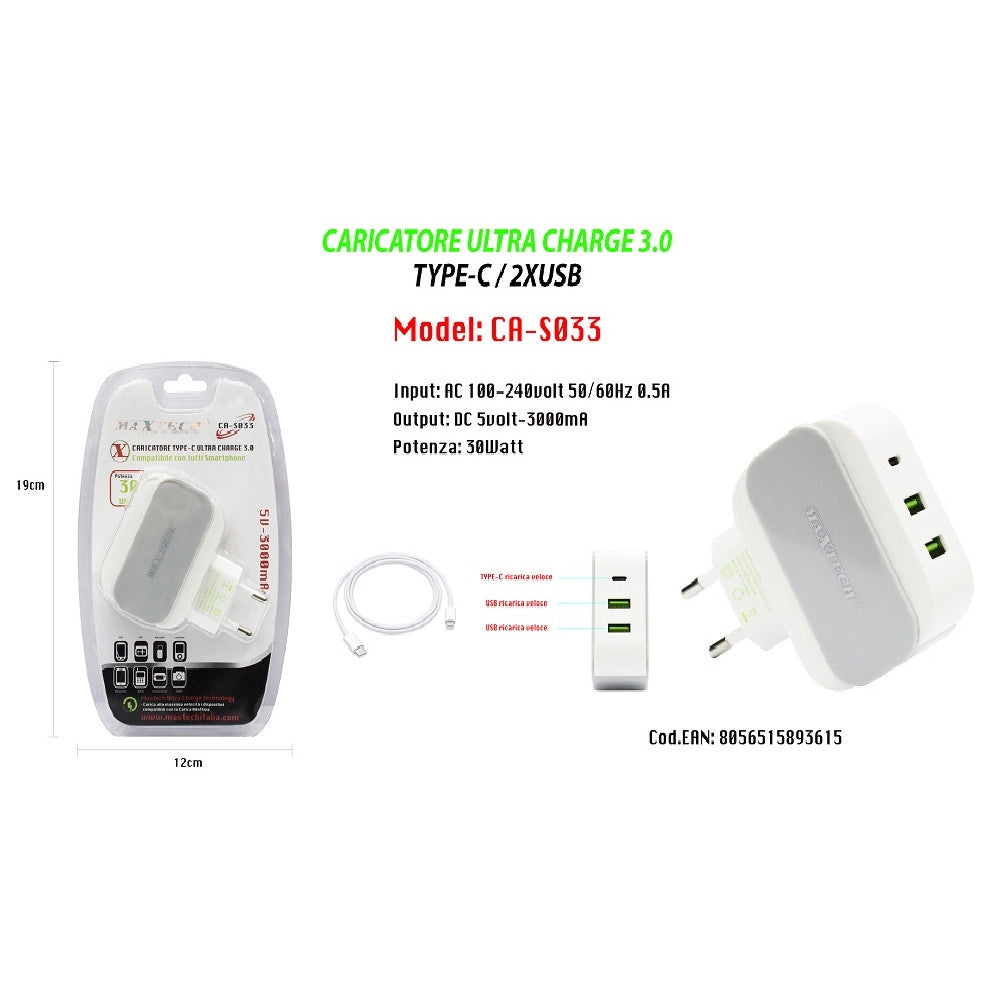 Trade Shop - Caricatore Ultra Charge 3.0 Type-c/2xusb Ricarica Per Smartphone 5v-3000ma Maxtech Ca-s033 -