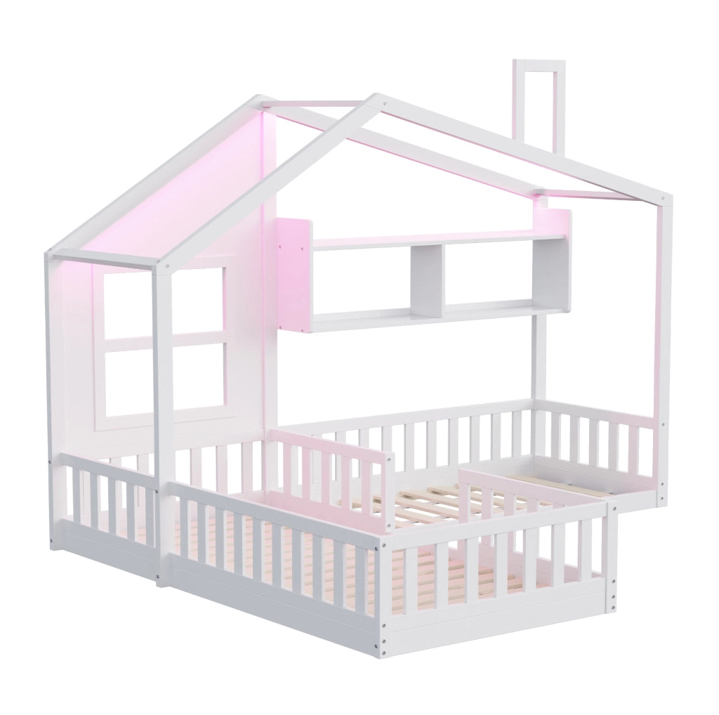 Letto a pavimento per bambini a forma di casetta con LED, ripiani e sponde