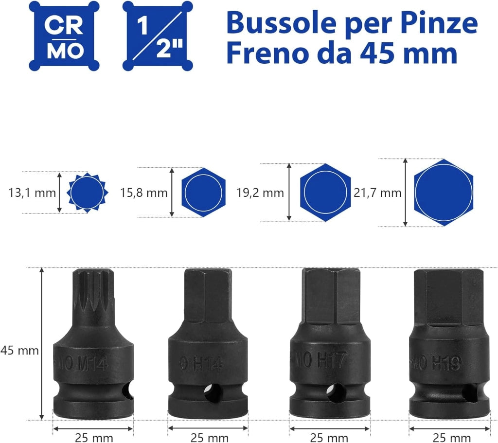 Set di Bussole per Pinze Freno da 16 Pezzi, Kit di Attrezzi per la Regolazione dei Freni con Chiave di Trasmissione da 1/2”, Compatibile con Vari Veicoli, 28 x 7 x 18 cm (Arancione)