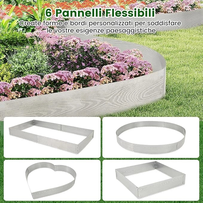 Bordatura da Giardino 6 M, Set di 6 Bordi per Aiuola 110 x 22 cm in Metallo Zincato con Paio di Guanti, Recinzione Flessibile per Prato, Cortile e Giardino
