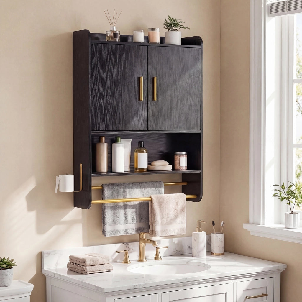 Armadietto a parete pensile con ripiano regolabile e gancio laterale, Mobiletto da bagno con 2 ante scomparto aperto Nero