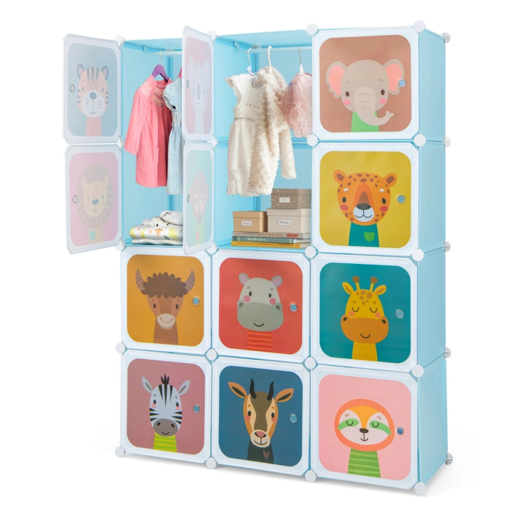 Armadio portatile per bambini, Armadio con 12 cubi con 2 sezioni appendibili com¨° con cartoon Blu