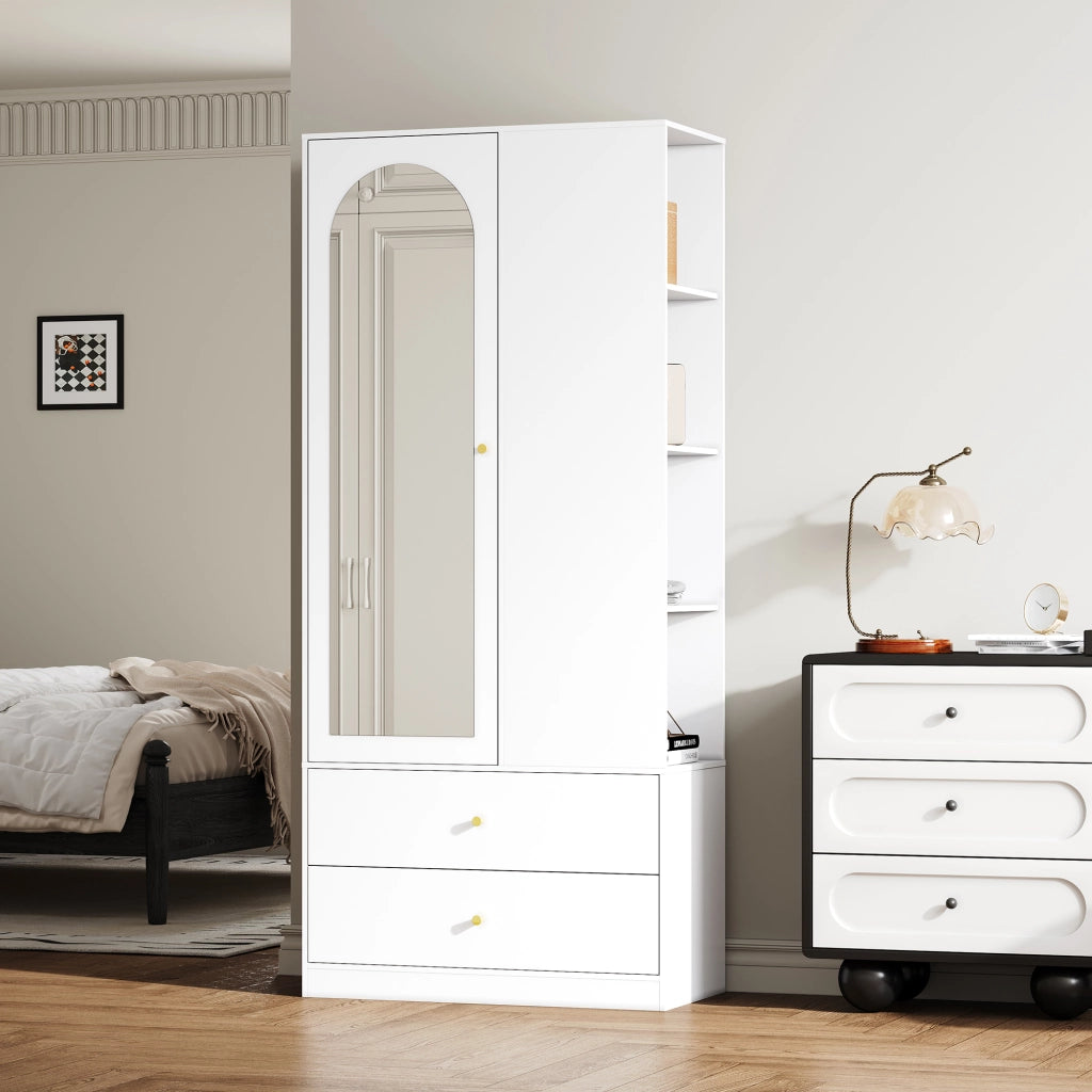 Armadio con specchio; 1 anta; 2 cassetti e 4 vani; per camera e ingresso; in MDF; bianco