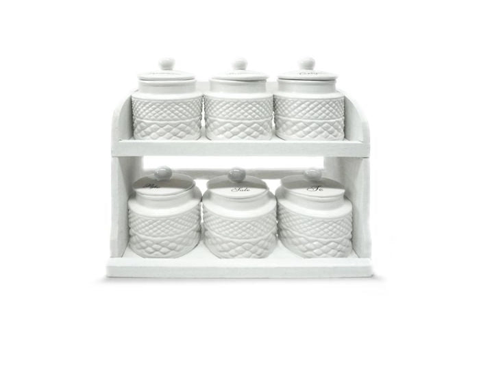 Set 6 Barattoli da Cucina per Spezie in Ceramica con Mensola in Legno