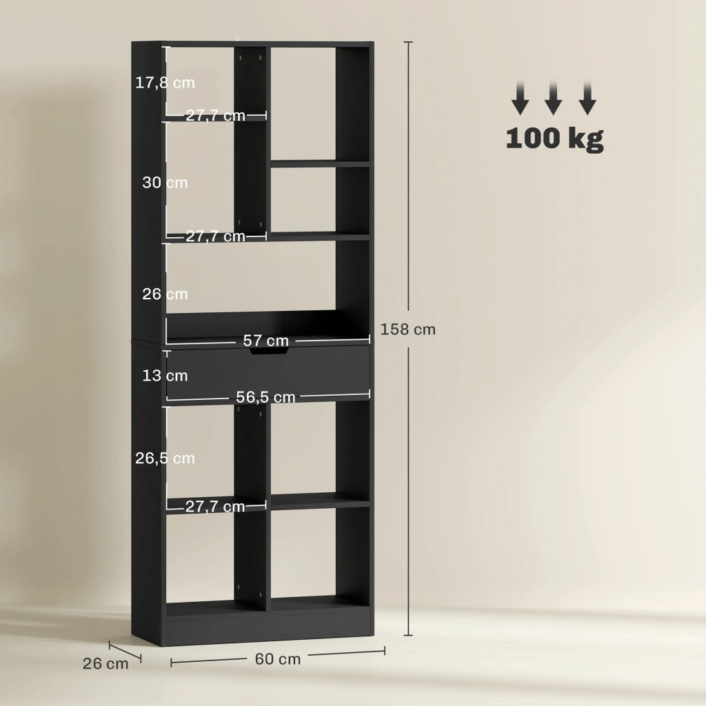 Libreria con cassetto e ripiani aperti ¨C Xylo ¨C Nero 60x26x158 cm