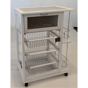Carrello Cucina Salvaspazio In Legno Di Faggio Con Cassetto E Cesti Contenitori Portabottiglie Vino 4 Ruote Girev Bianco