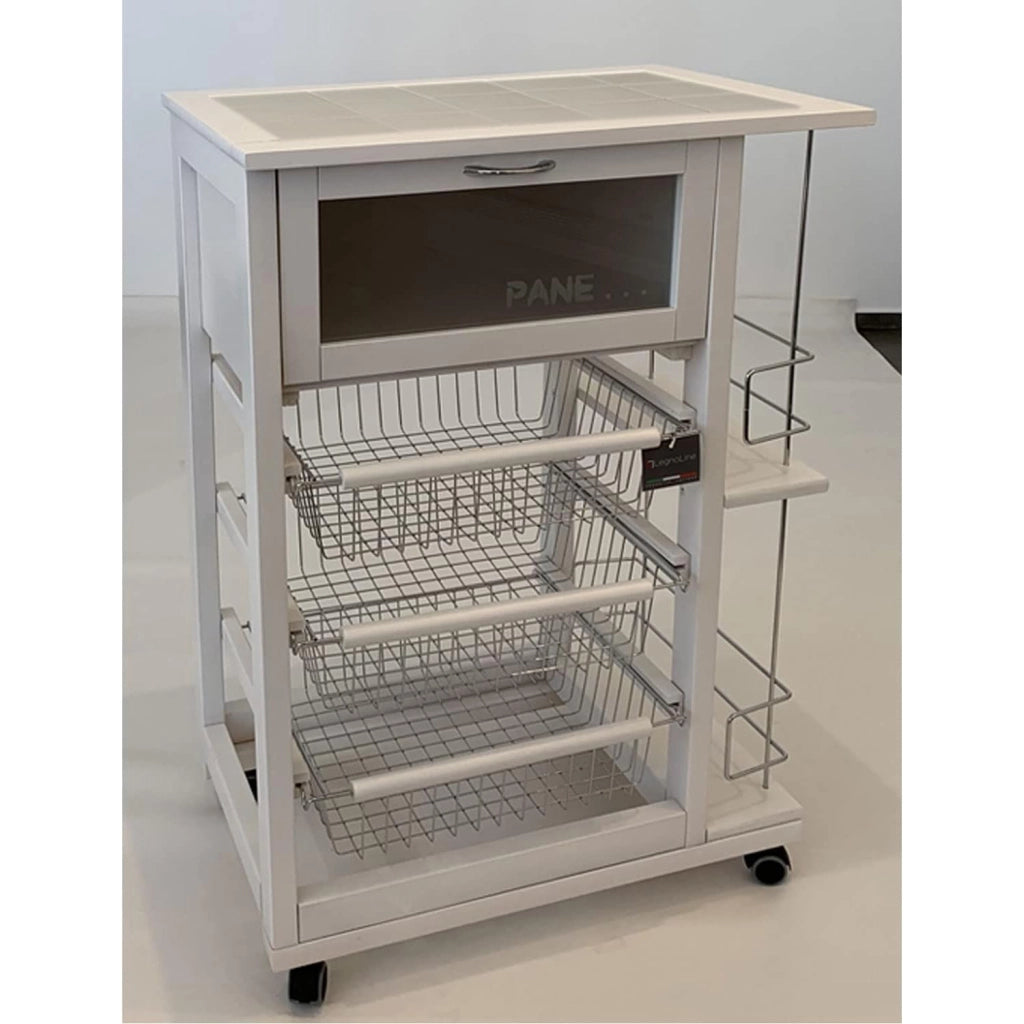 Carrello Cucina Salvaspazio In Legno Di Faggio Con Cassetto E Cesti Contenitori Portabottiglie Vino 4 Ruote Girev Bianco