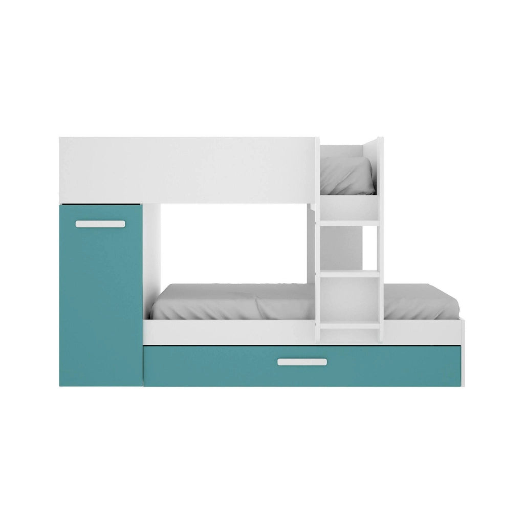 Composizione camera da letto Hikaa, Stanza da letto completa, Cameretta per bambini, Set per arredo a ponte, 244x112 h150 cm, Azzurro e Bianco