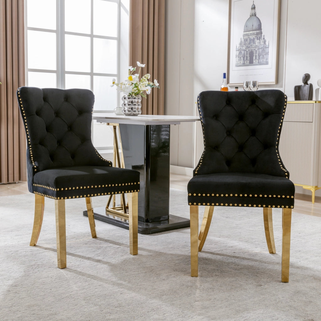 OKWISH Set di 2 Sedie da Pranzo con Anello sullo Schienale e Borchie Decorative, Gambe in Metallo Dorato, Velluto Nero
