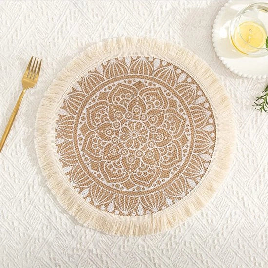 Set di tovaglie di juta da tavola da 2 pezzi - Vintage mano a maglia - Tovaglie da tavola rotonde - 38 cm - Nero/Bianco - Mandala boho a spillo - Tovaglia da tavola