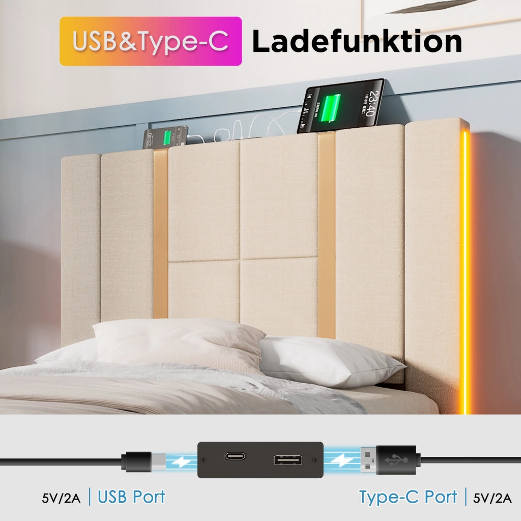 Letto singolo LED – 90x200 cm – USBC APP contenitore – lino beige