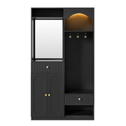 Mobile da ingresso con specchio, panca, appendiabiti, 2 ante, cassetti e LED regolabili, nero, 100 × 35 × 180 cm
