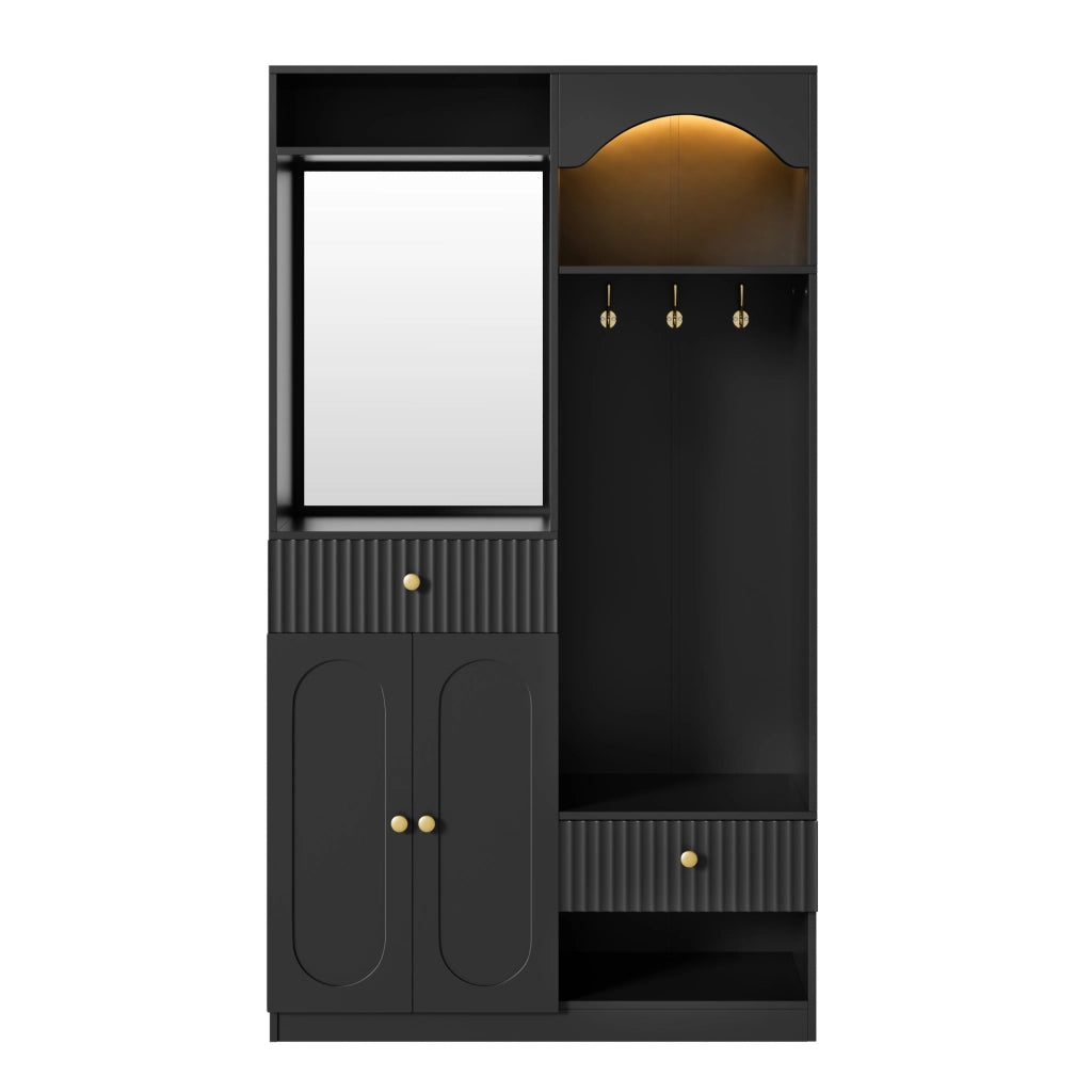 Mobile da ingresso con specchio, panca, appendiabiti, 2 ante, cassetti e LED regolabili, nero, 100 × 35 × 180 cm