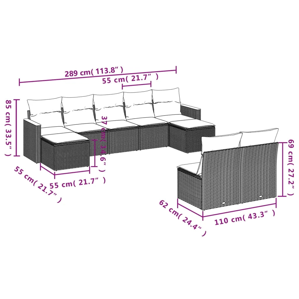 Set Divani da Giardino 9 pz con Cuscini Nero in Polyrattan 3226370