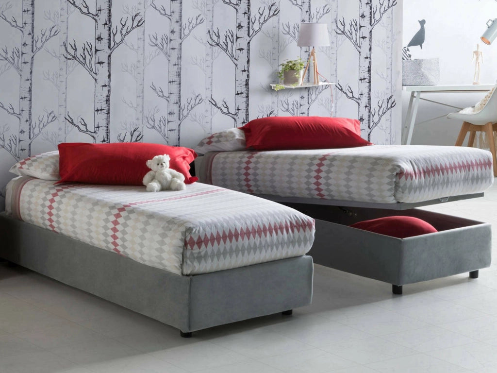 Letto singolo Aribal, Letto contenitore con rivestimento in tessuto, Made in Italy, Apertura frontale, con materasso cm 90x200 incluso, Grigio
