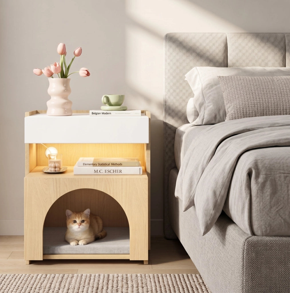 Comodino multifunzione con cuccia per gatto e luce LED; 47 x 39 x 58 cm; bianco e naturale