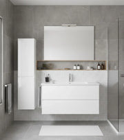 Mobile Bagno LOKI Già Montato 2 cassetti con piedini, lavabo e specchio Bianco lucido 120x45 cm 1 lavabo con colonna