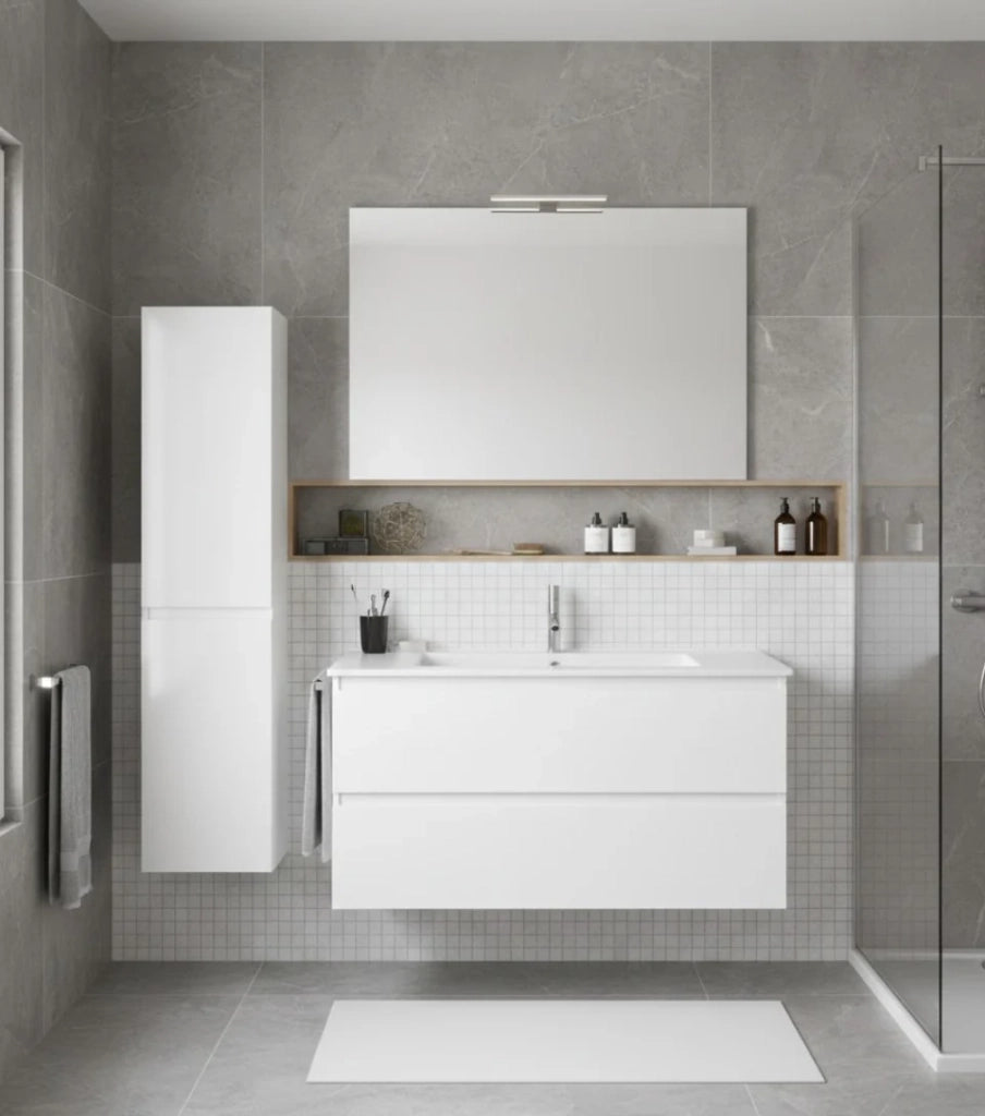 Mobile Bagno LOKI Già Montato 2 cassetti con piedini, lavabo e specchio Bianco lucido 120x45 cm 1 lavabo con colonna