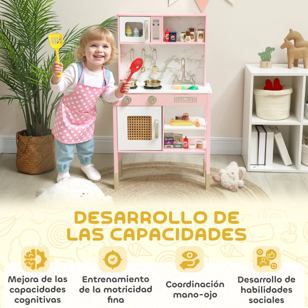 Cucina Giocattolo in Legno con Accessori Acciaio Inossidabile e Suono ¨C Minimal ¨C Rosa
