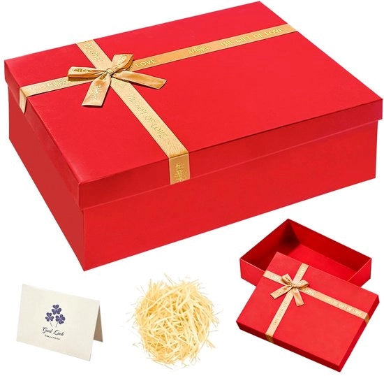 Scatola di regalo, scatola di regalo rossa con coperchio, 40 x 30 x 15 cm, scatole di regalo con rafia e cartolina di auguri, scatola di regalo per compleanni, Natale e San Valentino