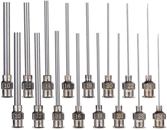 Siringa a Spillo 1,5 Pollici - 16 Pezzi - Acciaio Inossidabile Doseernaald - Punta Smussata - Blocco Luer - Adatto per L'uso con L'Adesivo - 8 Dimensioni (10G/12G/14G/16G/18G/20G/22G/24G)