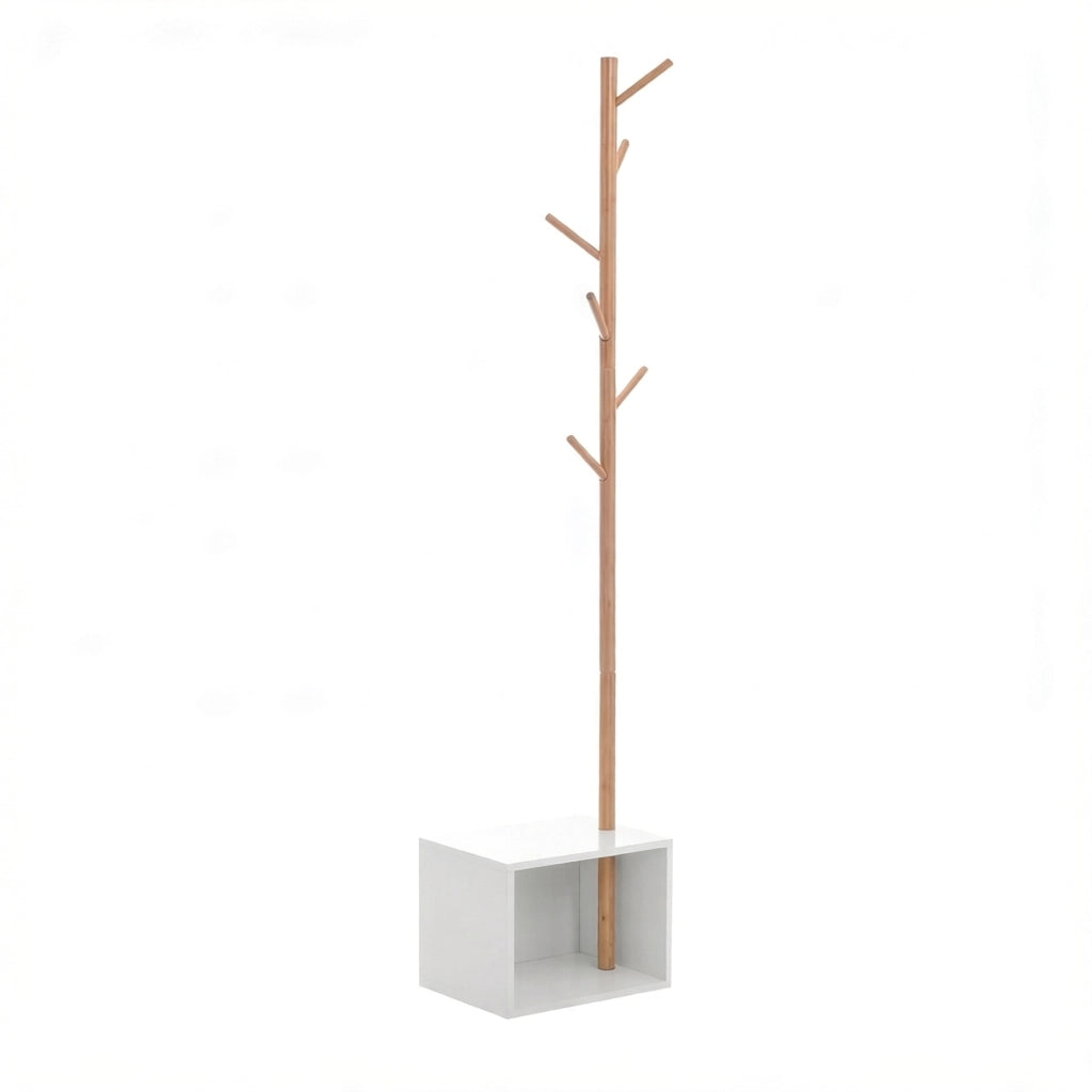 Mobile da ingresso con 6 ganci e panca contenitore; bianco e bambù; in MDF e legno di bambù