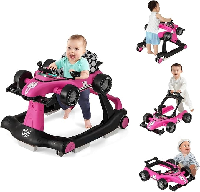 Girello per Bambini 4 in 1, Girello Pieghevole con Altezza e Velocità Regolabili, Carillon con Luci, Volante e Sedile, Primi Passi per Bambini 6-18 Mesi, Portata 15 kg (Rosa Scruro)