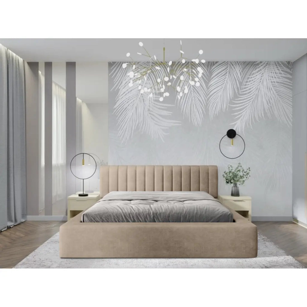 Letto contenitore CERVIN – Velluto morbido Nude Sablé – 140x200 cm – Rete sollevabile – Design elegante