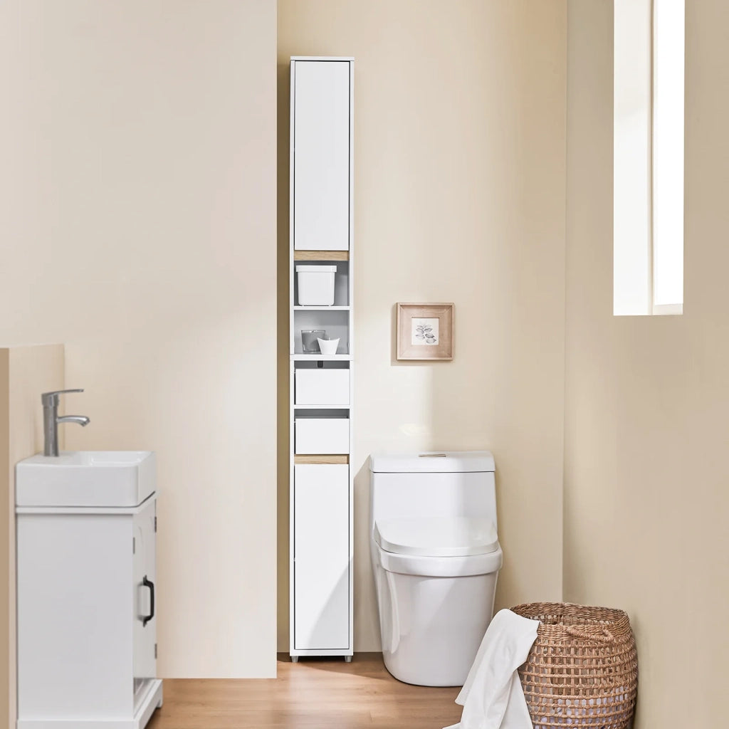 SoBuy BZR151-W Mobile da Bagno per Spazi Stretti - Mobiletto Salvaspazio con Ripiano Regolabile e Cassetto, per Soggiorno e Entrada - Compatto Armadietto Bagno in Legno, Bianco, 20 x 20 x 96 cm