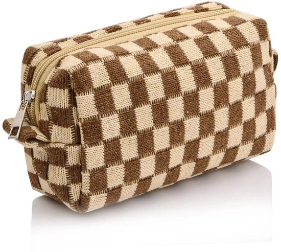 Organizzatore di trucco portatile a scacchiera con tasche per trucco marrone per viaggi