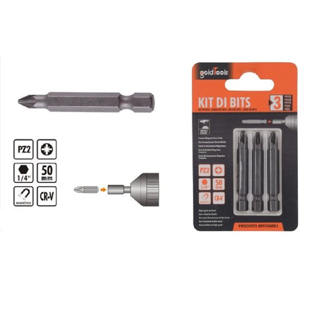 Trade Shop - Kit Di Bits 3pz Bit Inserti 50 Mm Per Avvitatore Gambo 1/4" Magnetico Cr-v 91936 -