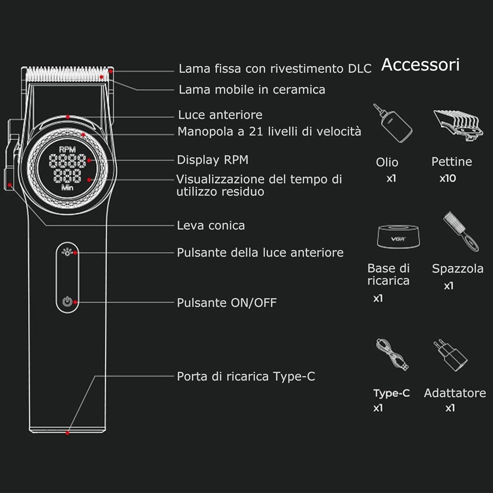 Trade Shop - Tagliacapelli Professionale Da Uomo Senza Fili Per Barbieri Display A Led V-001 -
