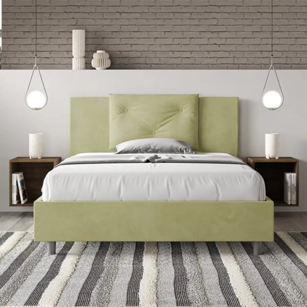 Letto matrimoniale francese contenitore imbottito 140x200 microfibra tè verde Appia