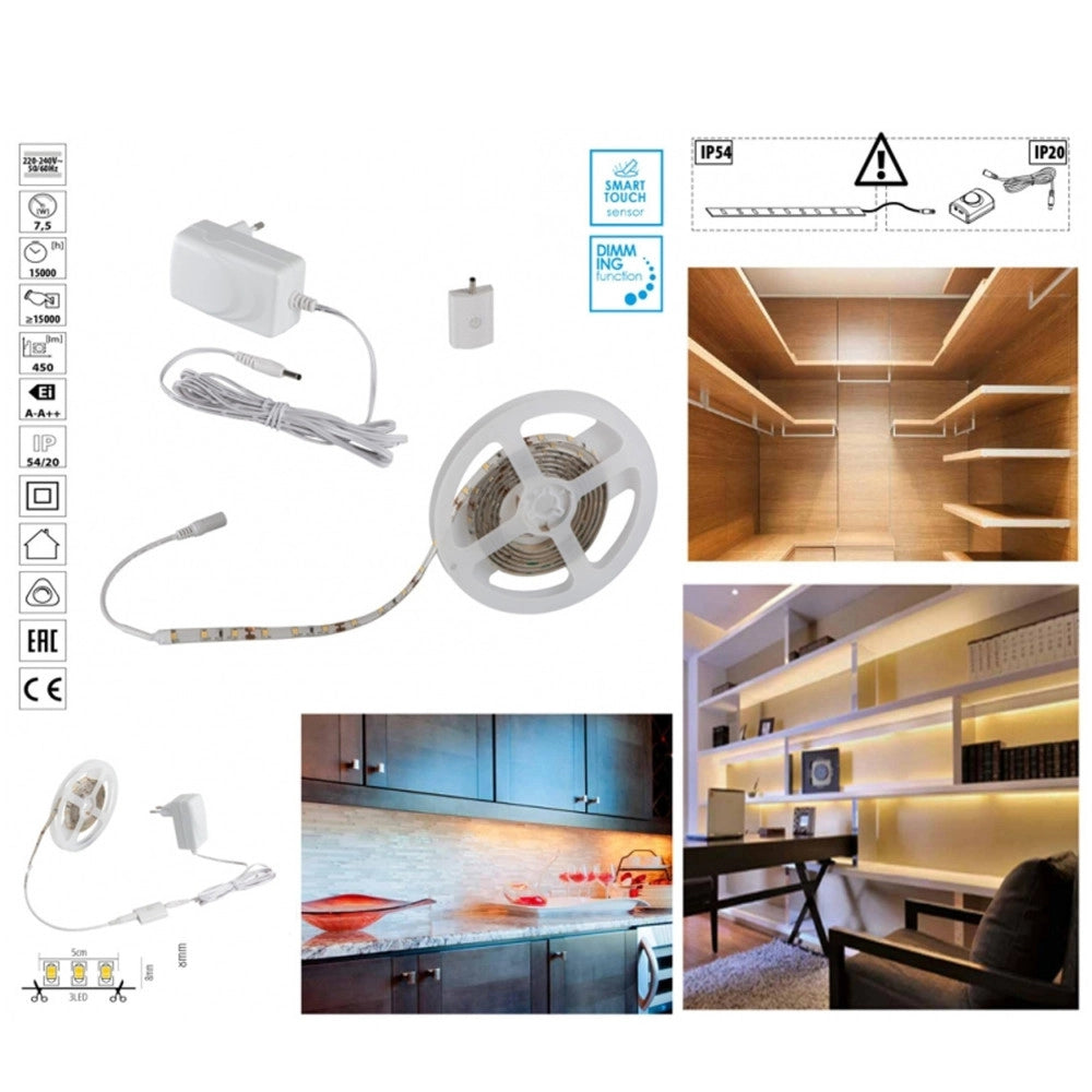 Trade Shop - Kit Striscia Led Con Tasto Interruttore Touch Dimmer Bianco Caldo 3000k 7,5 Watt -