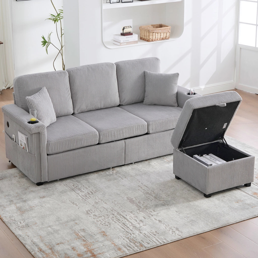 Divano in Velluto con Contenitore, LED e Portabicchieri ¨C MINIMAL ¨C Grigio Chiaro