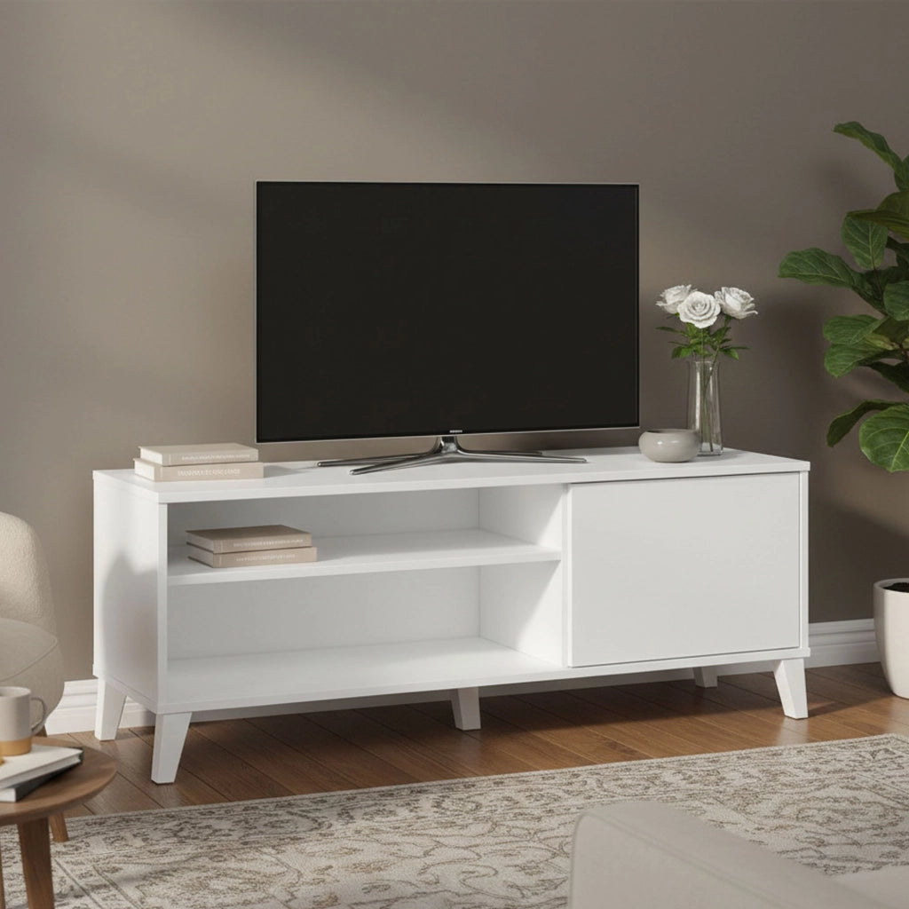 Mobile porta TV Viring, Credenza da soggiorno, Armadio basso per TV, Base parete attrezzata, 135x40 h50 cm, Bianco