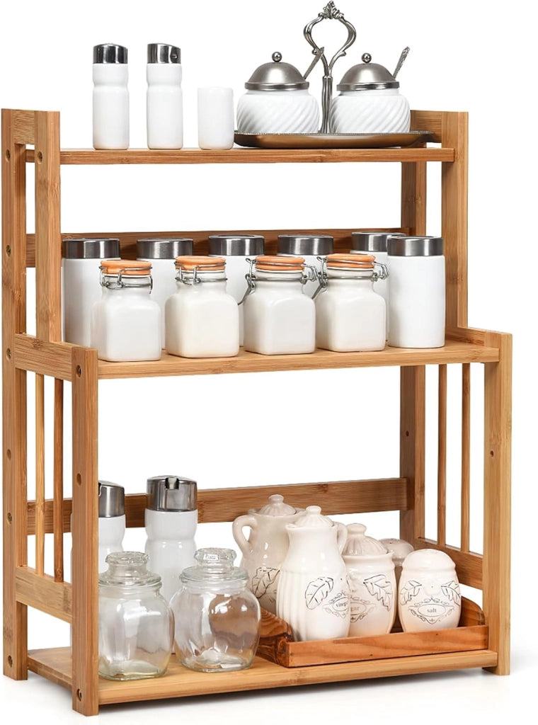 Porta Spezie a 3 Ripiani, Portaspezie Mensola per Cucina Bagno e Toletta, Organizzatore Supporto Porta Spezie in Legno bambù, Carico 20kg, 50 x 41,5 x 18 cm