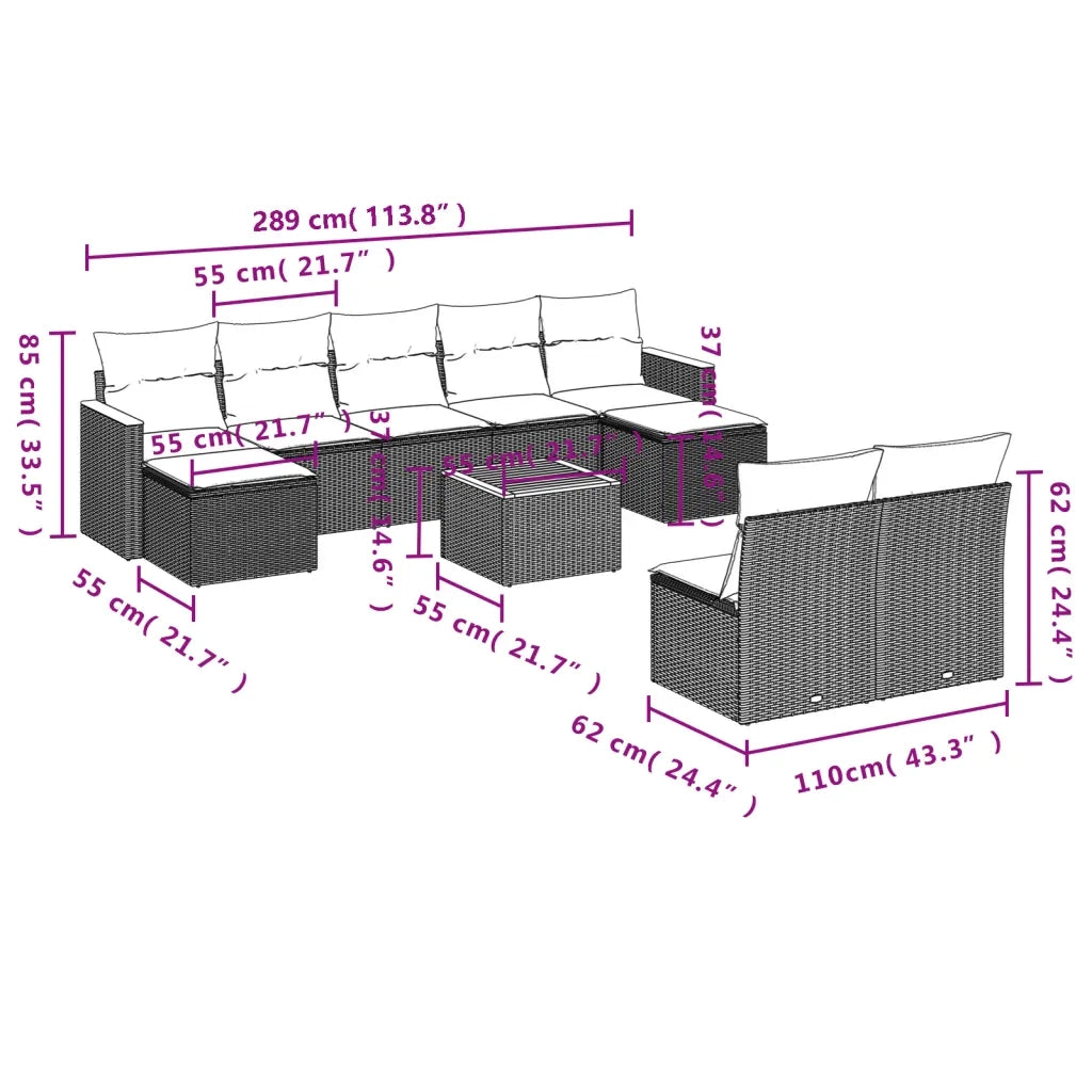 Set Divani da Giardino 10pz con Cuscini in Polyrattan Nero 3258779