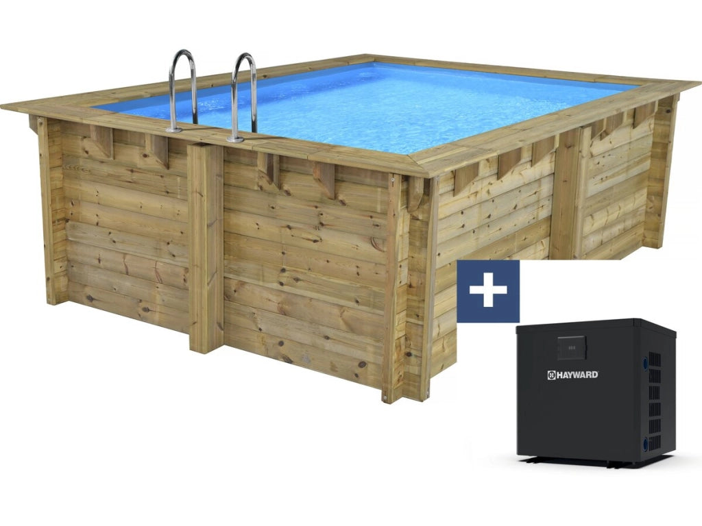 Piscina rettangolare in legno "Caimans" - 4,10 x 3,00 x 1,24 m + Mini pompa di calore 3,5kW - Metallo - Grigia