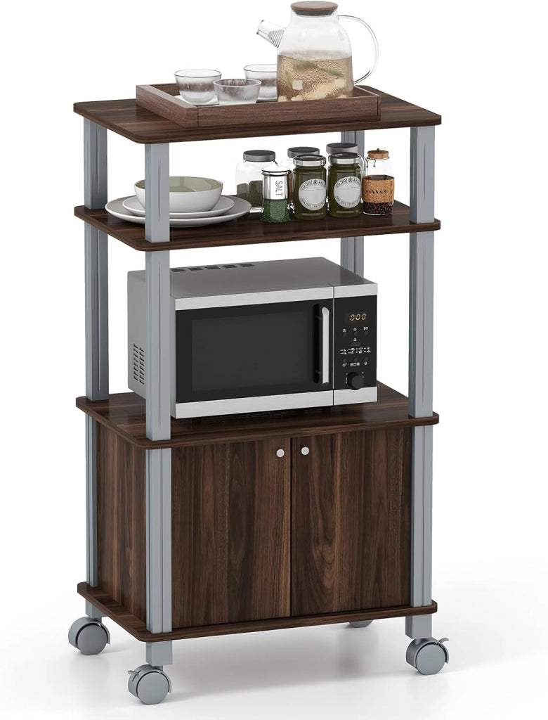 Scaffale da Cucina per Microonde Carrello da Cucina, con Ruote e 2 Ante, Multifunzionale e Movimento Flessibile, 60x40x98 cm (Caffè)