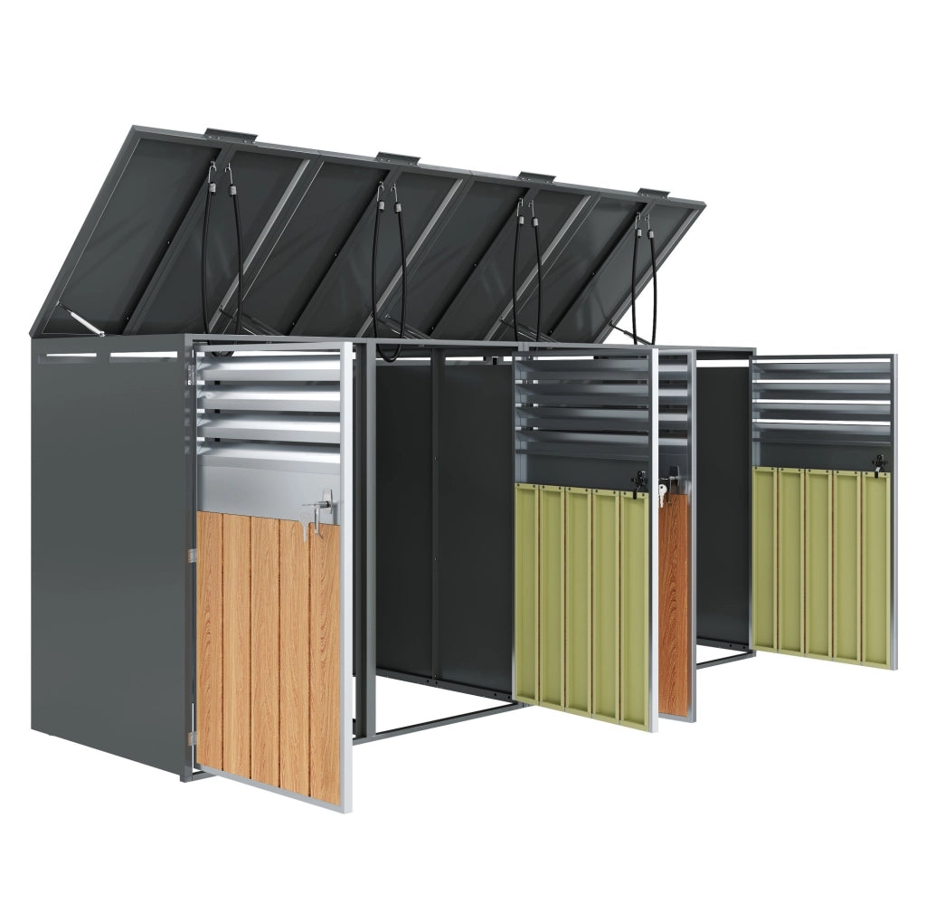 Cassa porta rifiuti esterna in acciaio zincato con 4 scomparti separati, coperchio a ribalta idraulico e serratura, effetto venatura legno e grigio