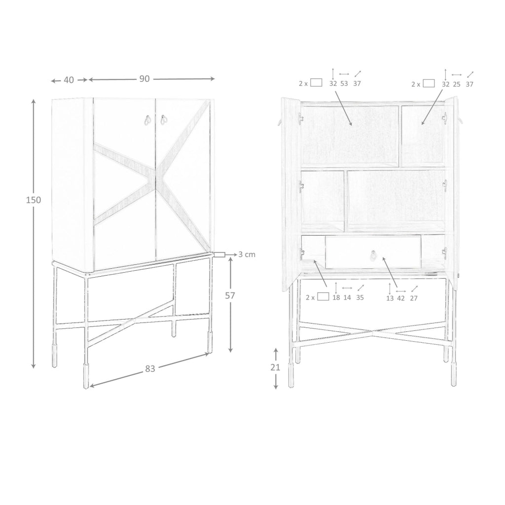 Credenza alta in similpelle, noce e acciaio nero