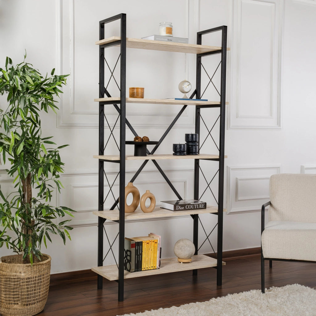 Libreria in legno "Elysian" - 90 x 33 x 180 cm - Travertino nero