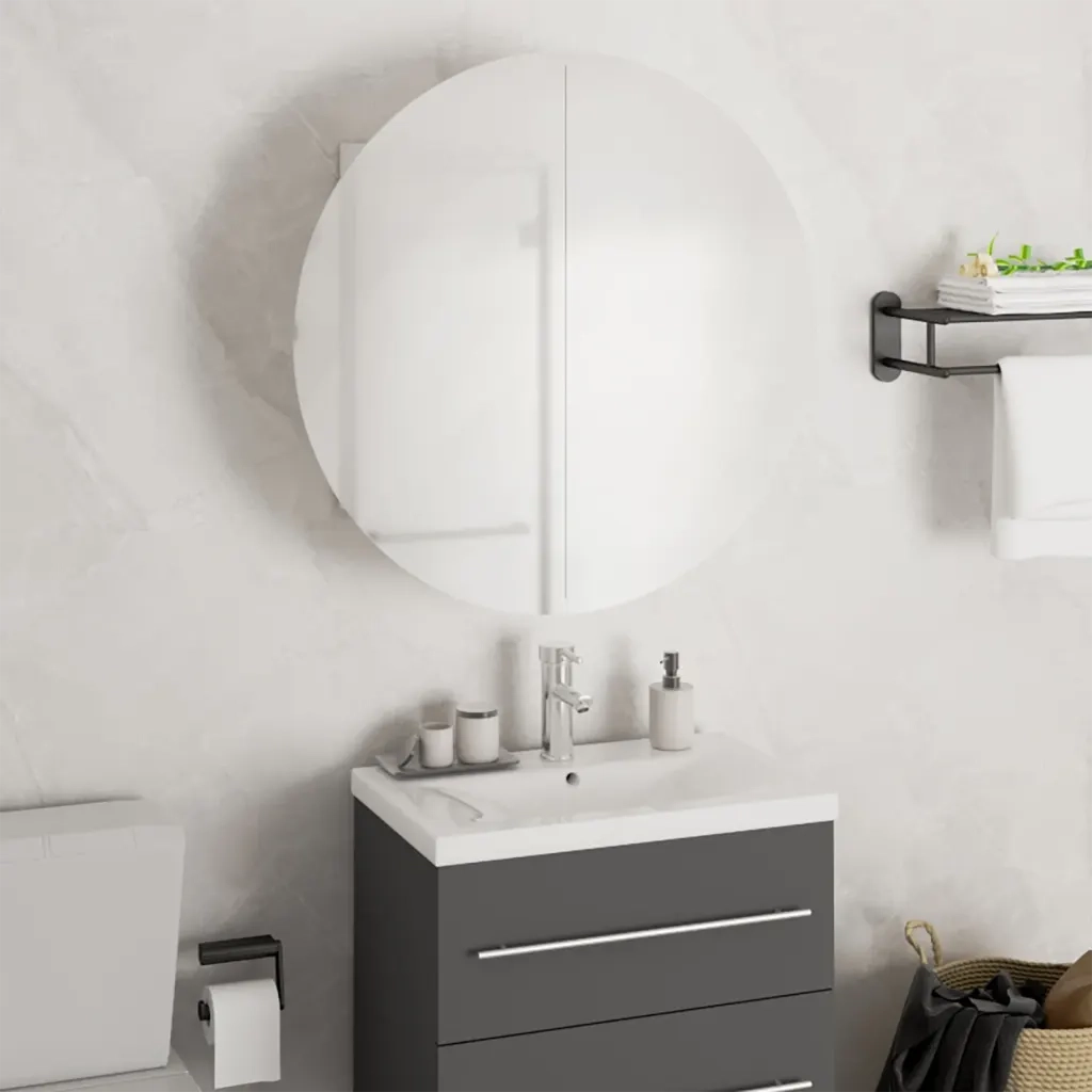 Armadio da Bagno | Mobile da Bagno con Specchio Rotondo e LED Bianco 47x47x17,5cm
