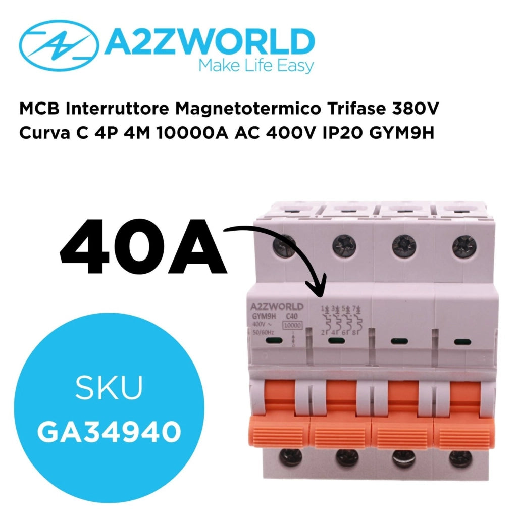 MCB Interruttore Magnetotermico Trifase 380V Curva C 4P 4M 10000A AC 400V IP20 GYM9H, Accoppiabile Con Bobina di Sgancio GA01231 GA01232, Disponibili 25A 32A 40A 63A (C40A)